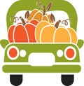Pumpkin truck. Green truck with autumn pumpkin
