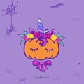 Pumpkin unicorn. Funny Halloween card. Royalty Free Stock Photo