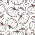 Pumpkin vector seamless pattern. Hand drawn objects with sliced piece of pumpkin. Vegetable doodle style illustration.