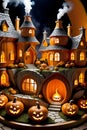 A pumpkin village with cheerful pumpkins, smoke curling from the chimneys, horor cute scenery, t-shirt prints Royalty Free Stock Photo