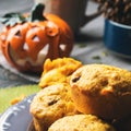 Pumpkin whole grain muffins. Square