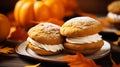 Pumpkin Whoopie Pies: A Fall Season Baking Delight. Generative ai Royalty Free Stock Photo