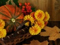 Pumpkin in a wicker basket with flowers, rowan and dry leaves Royalty Free Stock Photo