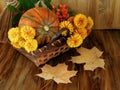 Pumpkin in a wicker basket with flowers, rowan and dry leaves. Royalty Free Stock Photo