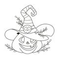 Pumpkin with witch hat for Halloween coloring page, outline cartoon vector illustration