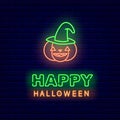 Pumpkin with witch hat neon item. Happy Halloween concept. Editable stroke. Isolated vector stock illustration Royalty Free Stock Photo