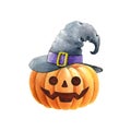 Pumpkin in a wizard hat. Watercolor halloween illustration. Hand drawn pumpkin spooky face, witch magic hat. Funny