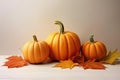 Pumpkins Accompanied By Fall Leaves, Presenting Classic Autumn Scene