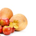 Pumpkins and apples isolated on a white . Free space for text Royalty Free Stock Photo