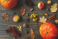 Pumpkins, autumn leaves, apples, anise, cones, acorns and berries on dark wooden background. Happy Thanksgiving greeting card. Royalty Free Stock Photo