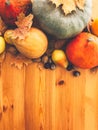 Pumpkins, autumn leaves, apples, pears, corn, nuts and chestnuts on wooden rustic table. Flat lay with space for text. Happy Royalty Free Stock Photo