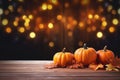Pumpkins And Autumn Leaves Arranged On Wooden Planks With Copy Space, Set Against Background Of Boke