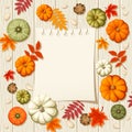 Pumpkins, autumn leaves and a notepad sheet on a wooden background. Vector illustration.