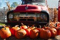 Pumpkins await customers at the base of a classic pickup truck Royalty Free Stock Photo