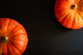 Pumpkins on black wooden table, top view. Halloween background with copy space. Autumn still life with orange pumpkins dark