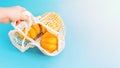 Various of pumpkins in a mesh bag of fabric on a blue background.Autumn vegetables.Composition of different varieties of