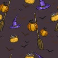 Pumpkins brooms bats for halloween on a gray background Royalty Free Stock Photo