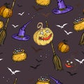 Pumpkins brooms bats for halloween on a gray background Royalty Free Stock Photo