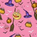 Pumpkins brooms bats for halloween on a pink background Royalty Free Stock Photo