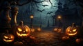 Two halloween pumpkins on fence with starry sky in the background vertical orientation Royalty Free Stock Photo