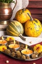 Pumpkins, copper jug and aroma candles Royalty Free Stock Photo