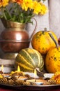 Pumpkins,copper jug with yellow chrysanthemums Royalty Free Stock Photo