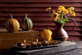 Pumpkins,copper jug with yellow chrysanthemums Royalty Free Stock Photo