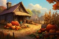 Pumpkins, corn, herbs, squashes at rustic wooden barn in village. Harvest in countryside concept.Thanksgiving. Flat stylish