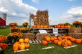 Pumpkins, corn stalks, mums and straw bales for sale in Wisconsin Royalty Free Stock Photo