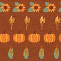 Pumpkins, corn, sunflowers, wheat, crop on textured brown background. Seamless repeating vector pattern. Autumn, fall