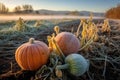 pumpkins covered in frost during an early-autumn morning