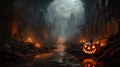 A pumpkins in a dark forest in halloween night