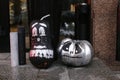 Pumpkins decorated for the holiday. Halloween preparation, rustic style