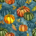 Pumpkins and different fall leaves seamless watercolor pattern. Autumn colorful composition Thanksgiving textural background Royalty Free Stock Photo