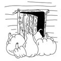 Pumpkins at the door of the barn, coloring page for Halloween activity, outline vector hand draw illustration