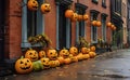 Pumpkins faces is stacked on wet urban pavement