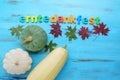 Erntedankfest harvest festival in Germany. Pumpkin, squash, wooden blue background