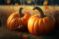 Pumpkins field. Ripe pumpkins harvest time, blue sky background. Generative AI