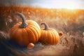 Pumpkins field. Ripe pumpkins harvest time, blue sky background. Generative AI