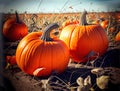 Pumpkins field. Ripe pumpkins harvest time, blue sky background. Generative AI