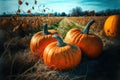 Pumpkins field. Ripe pumpkins harvest time, blue sky background. Generative AI Royalty Free Stock Photo