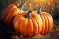 Pumpkins field. Ripe pumpkins harvest time, blue sky background. Generative AI Royalty Free Stock Photo