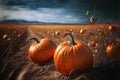 Pumpkins field. Ripe pumpkins harvest time, blue sky background. Generative AI