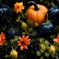 Pumpkins, flowers, leaves, vines, eggplants as abstract background, wallpaper, banner, texture design with pattern - vector. Dark Royalty Free Stock Photo