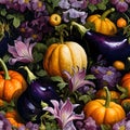 Pumpkins, flowers, leaves, vines, eggplants as abstract background, wallpaper, banner, texture design with pattern - vector. Dark Royalty Free Stock Photo