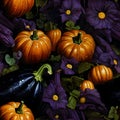 Pumpkins, flowers, leaves, vines, eggplants as abstract background, wallpaper, banner, texture design with pattern - vector. Dark Royalty Free Stock Photo