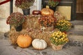 Pumpkins with flowers and rustic hay decoration outdoors. Stylish autumn decor of exterior building Royalty Free Stock Photo