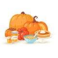 Pumpkins food dishes vector illustration isolated. Vegetarian elements with pumpkin pie, creamy soup, jam and pumpkin
