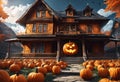 pumpkins in front of an old house with a large carved jack o lantern Royalty Free Stock Photo