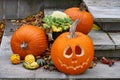 Pumpkins on the front steps of a house as Halloween decorations